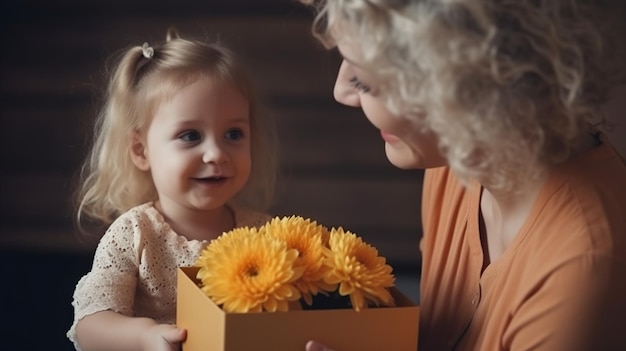 Una niña sostiene una caja de flores con su madre.