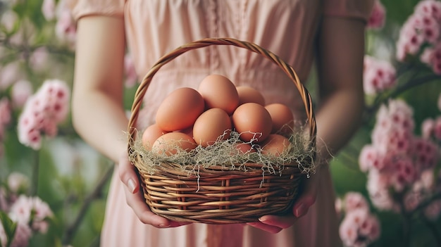 Una niña sostiene una canasta de huevos en sus manos.