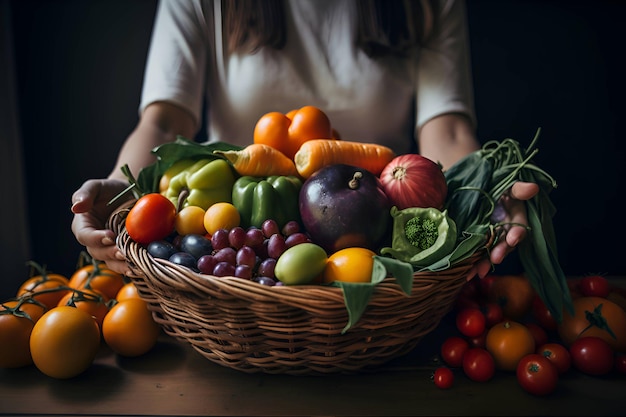 La niña sostiene una canasta con verduras y frutas frescas de la granja IA generativa 1