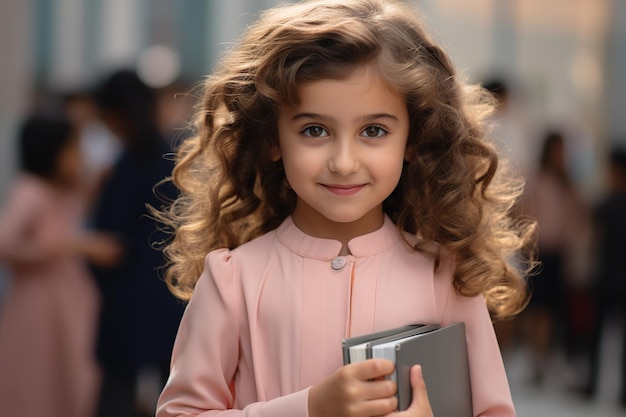 una niña sostiene un cuaderno al estilo de una academia vibrante