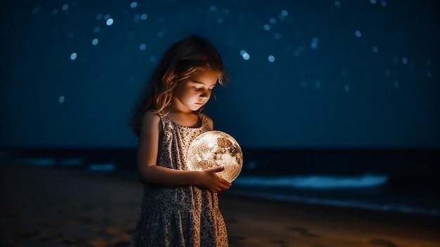 Una niña sostiene un globo terráqueo en sus manos en la playa.