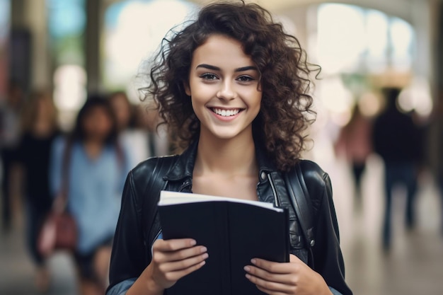 Una niña sostiene un libro en sus manos y sonríe.