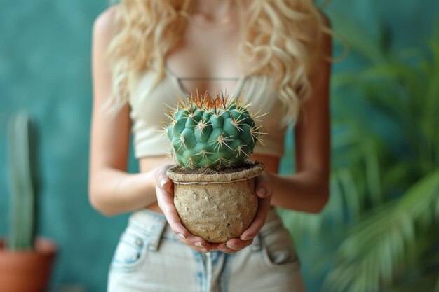 Una niña sostiene una olla de flores con un cactus verde Protección del medio ambiente y activismo Jardinería y plantación de plantas en casa