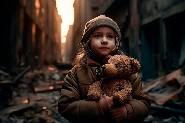 Una niña sostiene un oso de peluche en un edificio en ruinas.