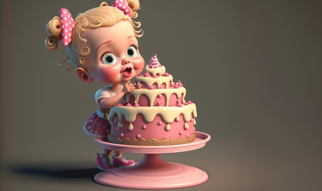 Una niña sostiene un pastel con un lazo rosa.