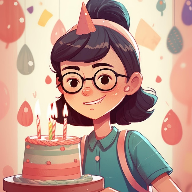 Una niña sostiene un pastel mientras celebra una ilustración de dibujos animados de cumpleaños con ai generativo