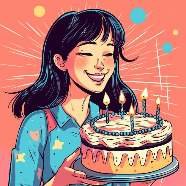 Una niña sostiene un pastel mientras celebra una ilustración de dibujos animados de cumpleaños con ai generativo