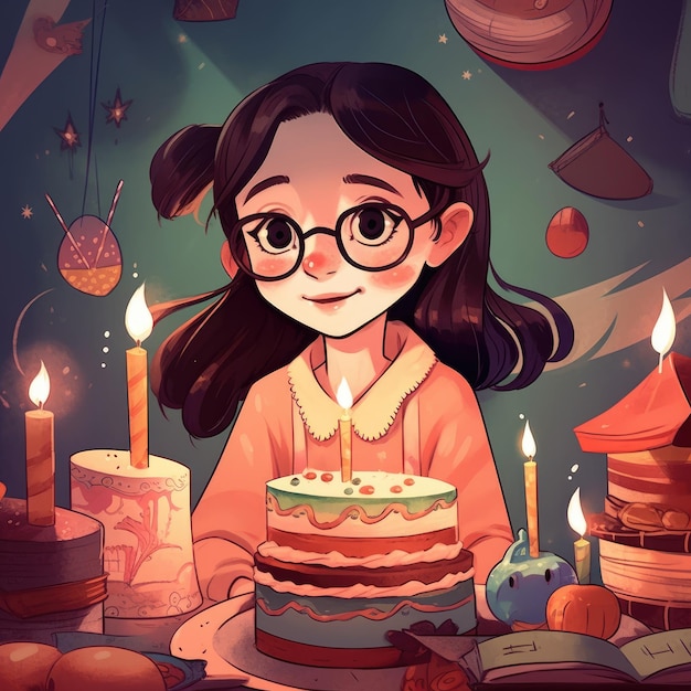 Una niña sostiene un pastel mientras celebra una ilustración de dibujos animados de cumpleaños con ai generativo