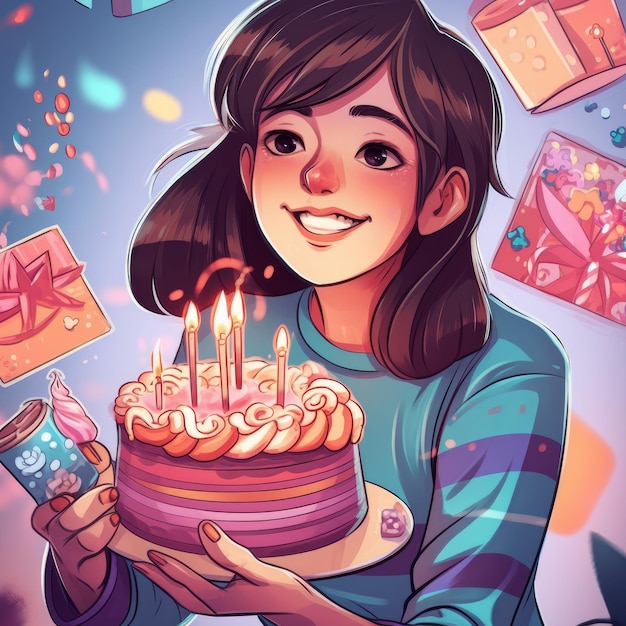 Una niña sostiene un pastel mientras celebra una ilustración de dibujos animados de cumpleaños con ai generativo