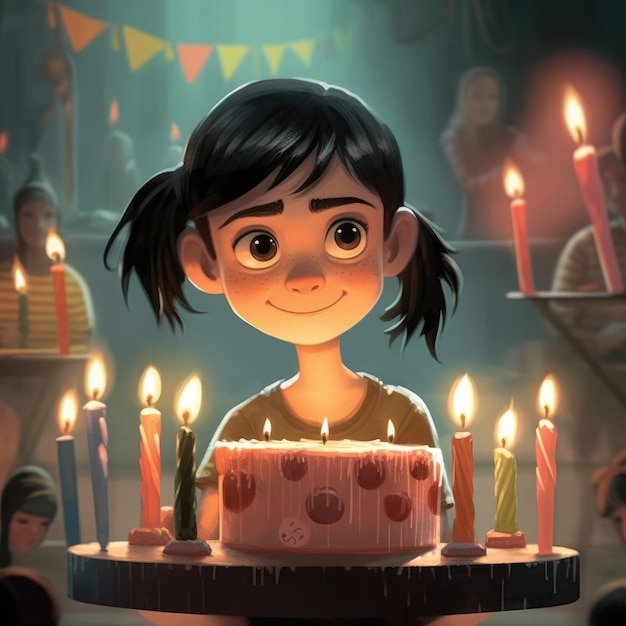 Una niña sostiene un pastel mientras celebra una ilustración de dibujos animados de cumpleaños con ai generativo