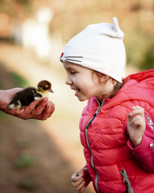 Una niña sostiene un patito en sus manos.