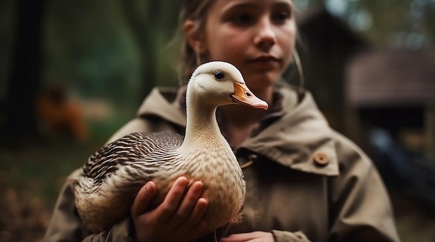 Una niña sostiene un pato en un bosque.