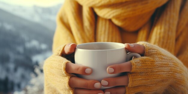 Una niña sostiene una taza de té de café caliente contra el fondo de las montañas de invierno en el campamento AI generativa