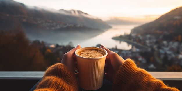 Una niña sostiene una taza de té de café caliente contra el fondo de las montañas de invierno en el campamento AI generativa