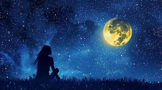 una niña y su hijo se sientan en la hierba bajo una luna llena