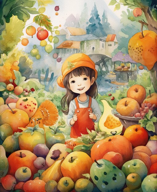 Niña con su ilustración de libro infantil de cosecha de verduras y frutas