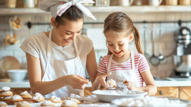 La niña y su madre están cocinando en la cocina están haciendo galletas la niña está añadiendo harina al cuenco