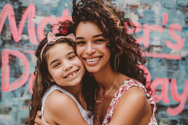 Foto una niña y su madre posan para una foto