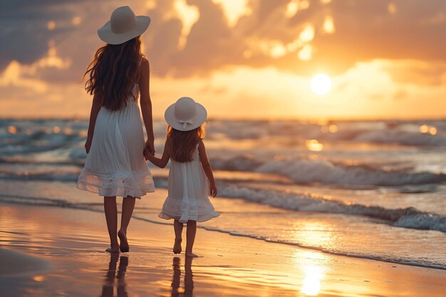 Foto una niña y su madre, vestidas de blanco y con sombrero, se pasean descalzas por la playa al atardecer mientras la brisa les desgarra el cabello