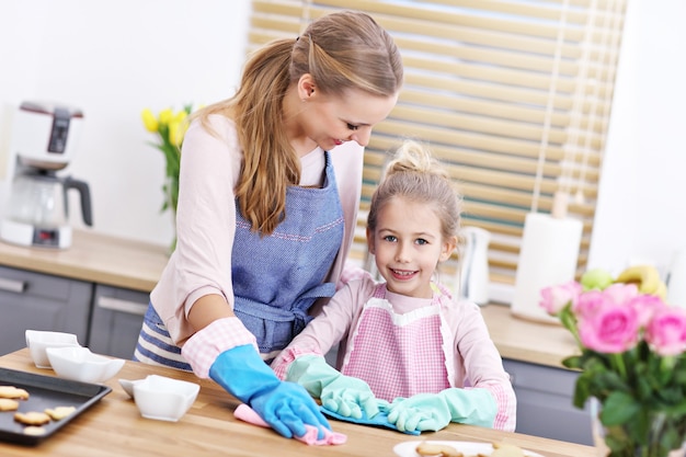 Niña y su mamá en delantales divirtiéndose limpiando la cocina