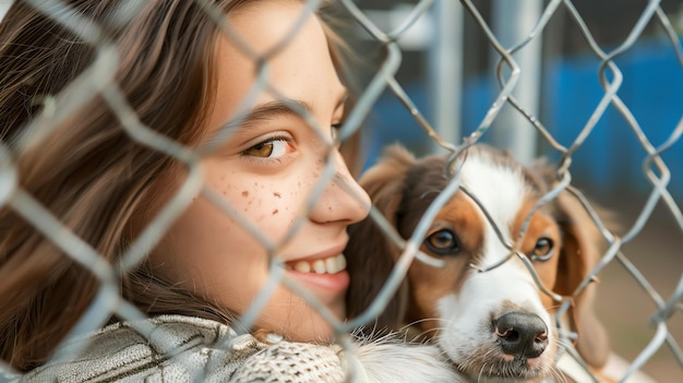 Foto una niña y su mejor amiga un cachorro beagle en el refugio de animales