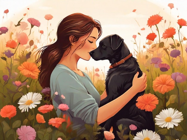 una niña y su perro en un campo de flores