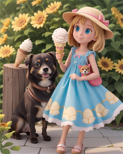 una niña y su perro están de pie frente a una valla de madera con un perro y un cono de helado.