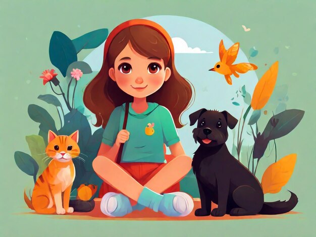 una niña y su perro están sentados en el jardín