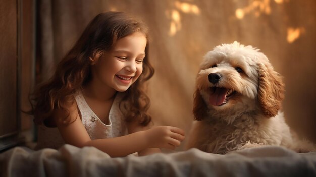 Una niña y su perro juegan con un perro.