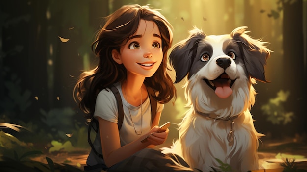 Una niña y su perro jugando Frisbee en una ilustración de dibujos animados del bosque