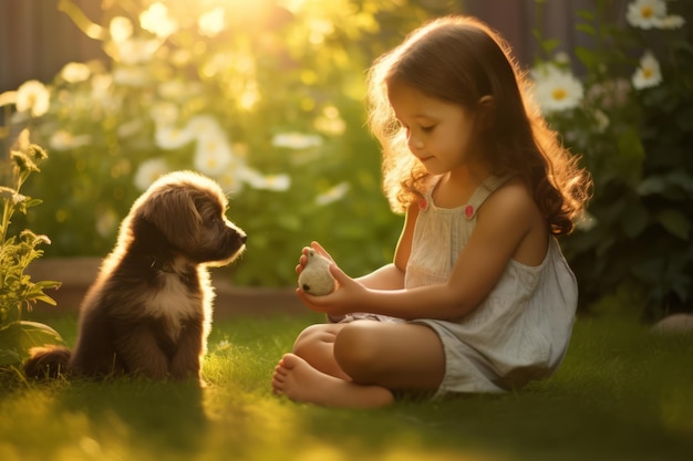 Una niña y su perro en el parque.