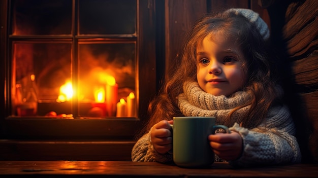 Niña con suéter acogedor bebe una taza de bebida caliente en las vacaciones de Navidad