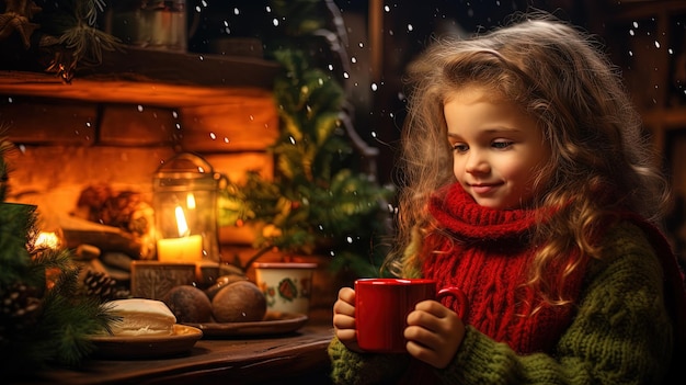 Una niña con un suéter acogedor bebe una taza de bebida caliente en las vacaciones de Navidad