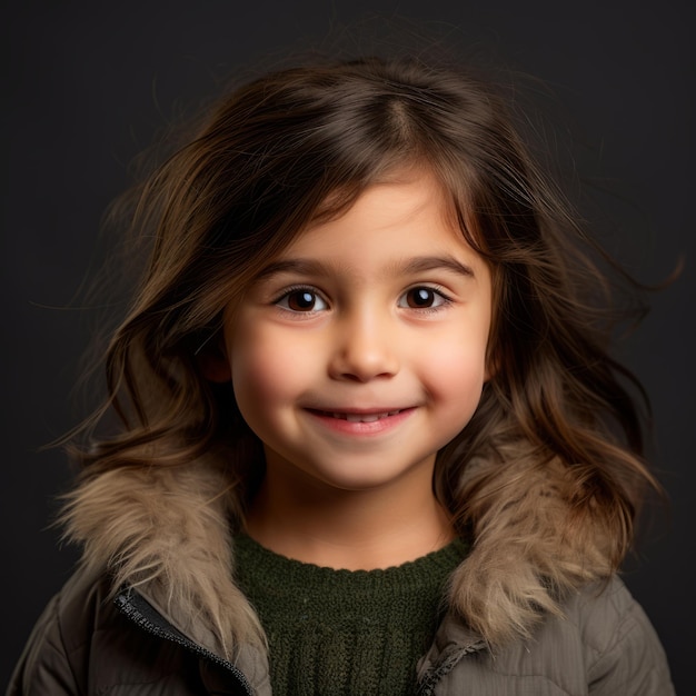 una niña con un suéter verde y una chaqueta de piel