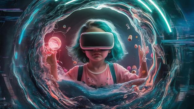 Niña surrealista con gafas de realidad virtual sumergida en líquido