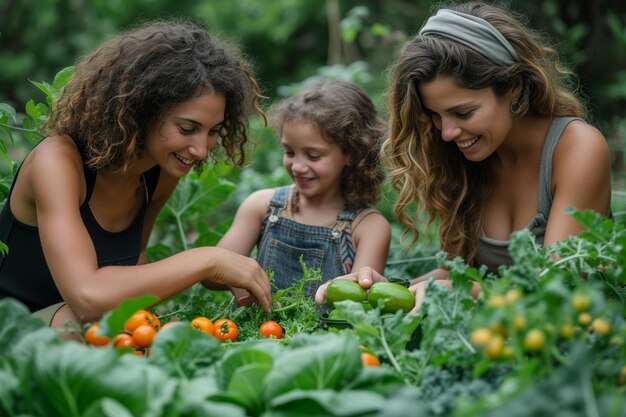 Niña con sus dos madres LGBT en medio de su exuberante jardín trasero recogiendo verduras