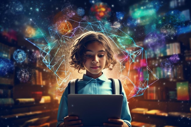 Foto una niña con una tableta en una biblioteca