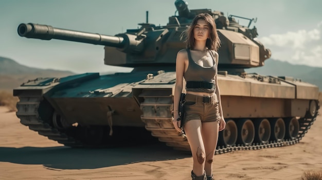 Una niña en un tanque con un tanque detrás de ella.