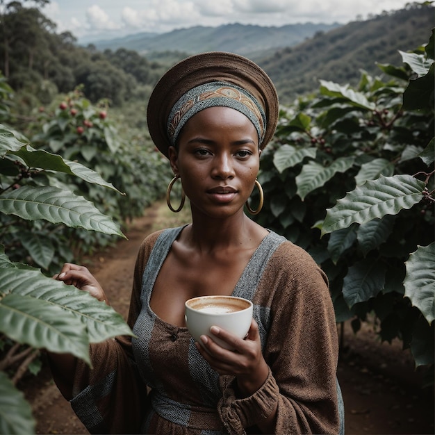 Niña con una taza de café entre los cacao