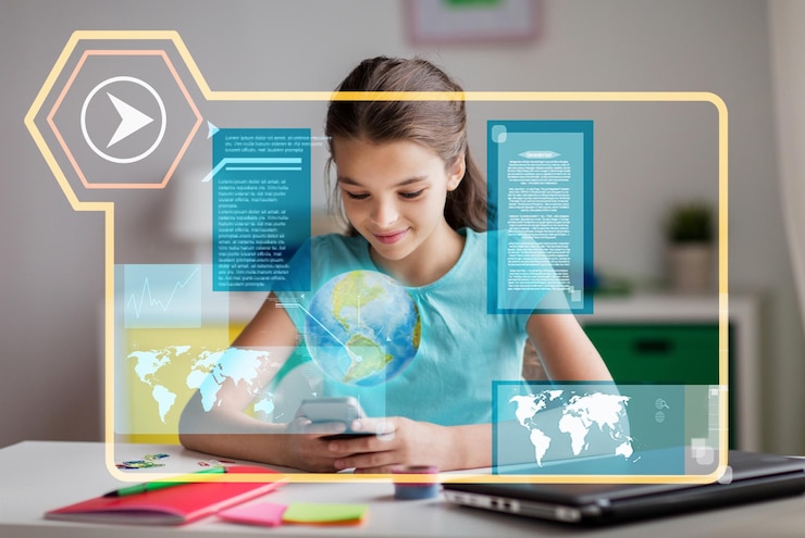 Foto niña con teléfono inteligente aprendiendo geografía en casa