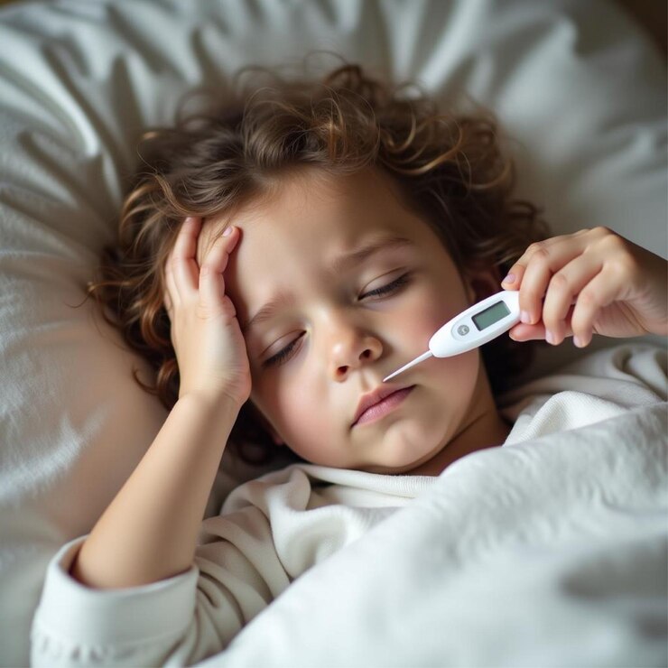 Niña con termómetro descansando en la cama en casa