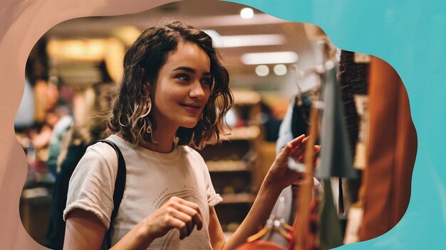 Niña en la tienda mujer con una camiseta blanca