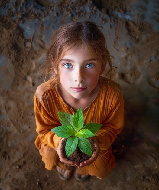 Una niña tiene una pequeña planta en la mano