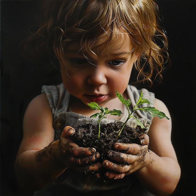 una niña tiene una planta en sus manos