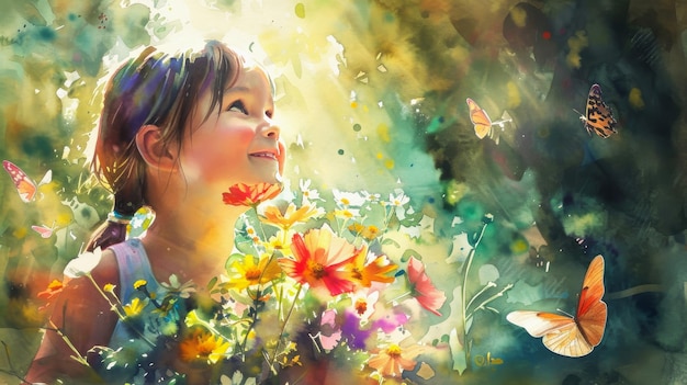 La niña tiene un ramo de flores silvestres y sonríe.