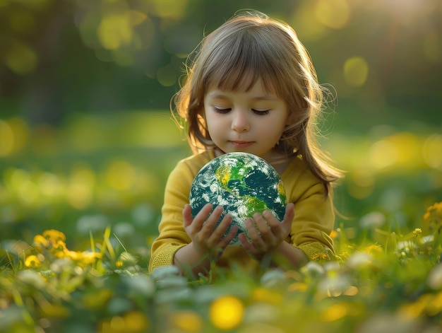 Foto la niña tiene la tierra en su mano