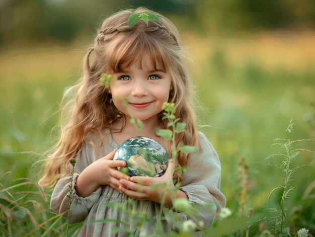 Foto la niña tiene la tierra en su mano