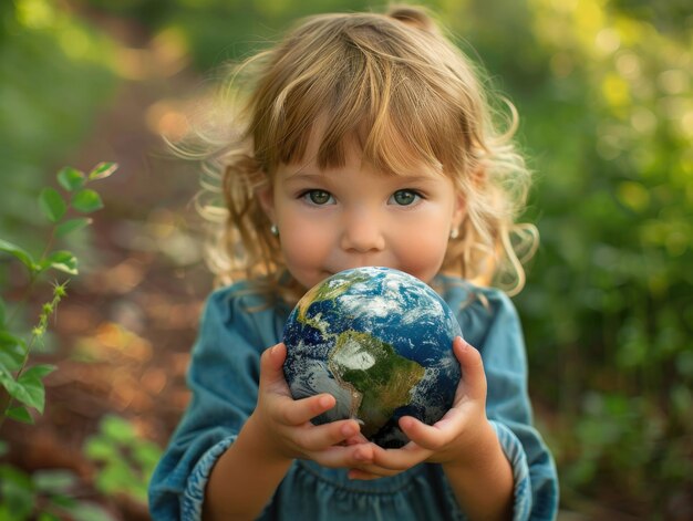 Foto la niña tiene la tierra en su mano