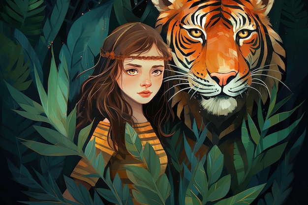 La niña con un tigre Hermosa niña y un tigre en la selva Ilustración de un cuento de hadas