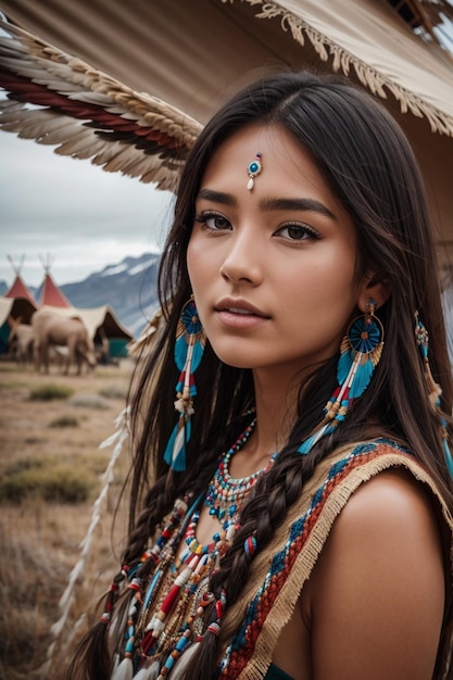 una niña con un tocado de plumas y una vaca al fondo